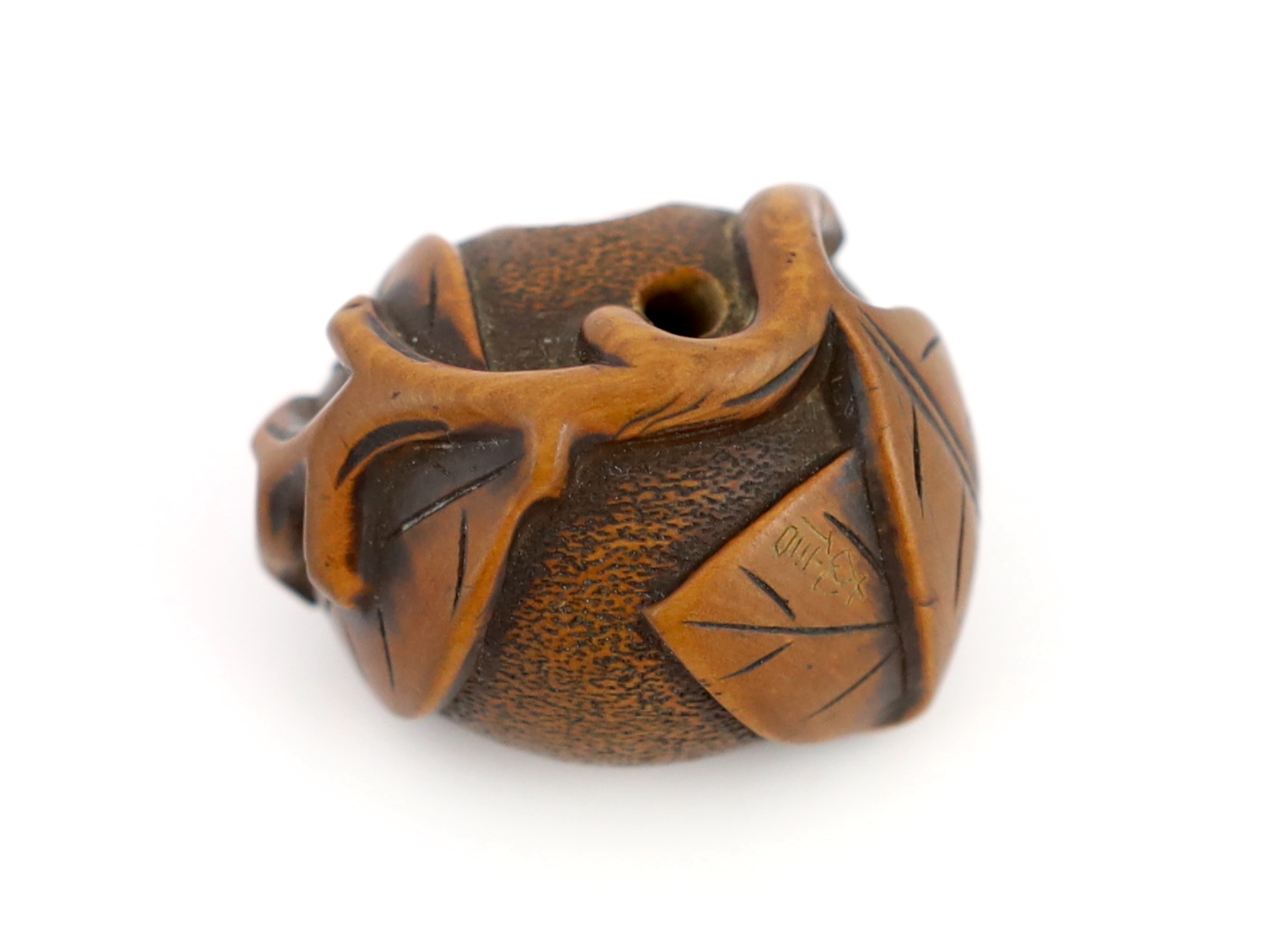 A Japanese carved wood netsuke of a pumpkin with a stalk and leaves, 19th century, signed Tomonoru